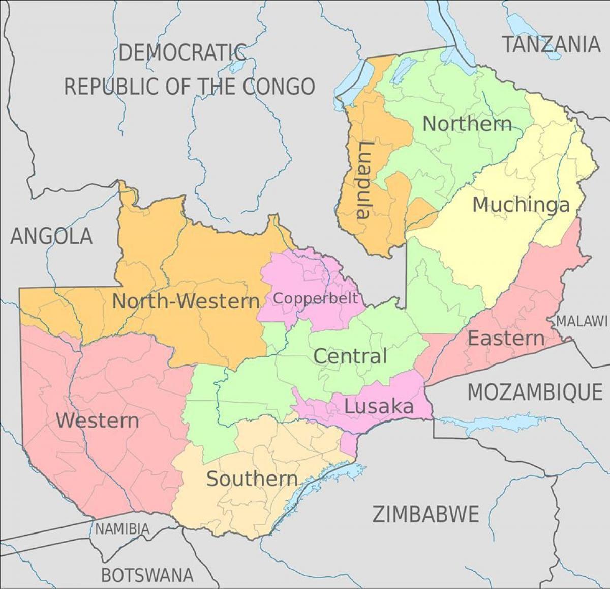 mapa da Zâmbia mostrando 10 províncias