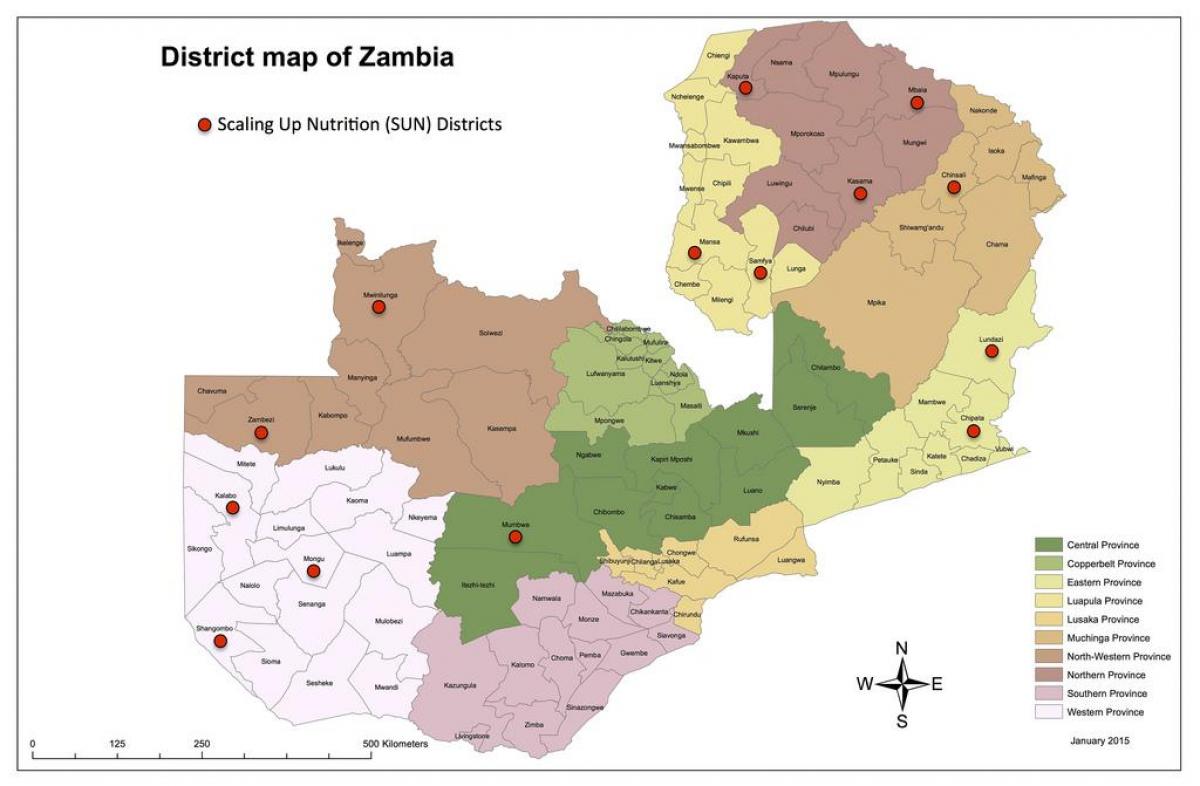 Zâmbia distritos mapa atualizado