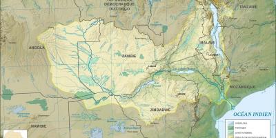 Mapa da Zâmbia mostrando rios e lagos