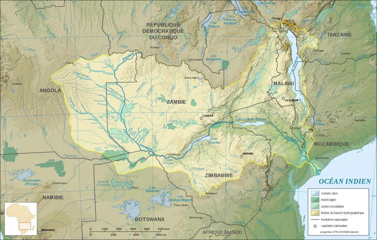 mapa da Zâmbia mostrando rios e lagos
